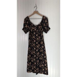 Maurices Black Floral Puff Sleeve Midi Dress Size M Smocked Back Cottagecore